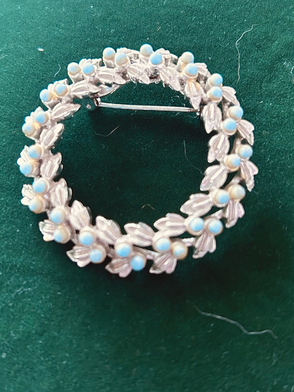 Silver Floral Wreath Brooch with Light Blue Cabochons